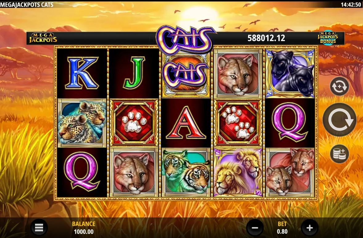 MegaJackpots Cats intro screen showing Split Symbols and Bonus trigger rules for players to understand core mechanics.