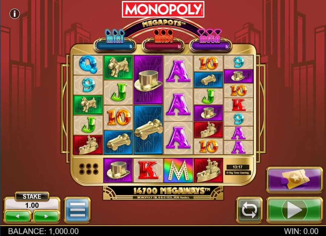 Main 6-reel interface of Monopoly Megapots slot showing Megaways count and board game symbols for player orientation.