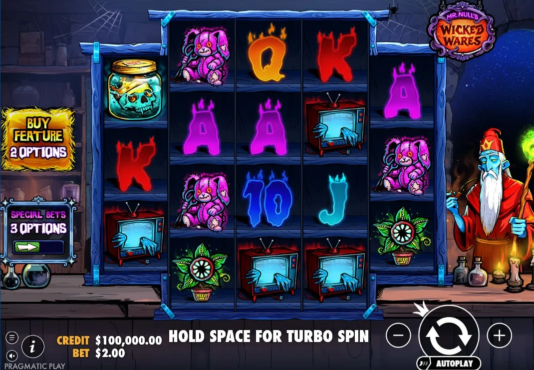The main 5-reel grid of Mr. Null's Wicked Wares slot showing the spooky workshop setting and the merchant character.