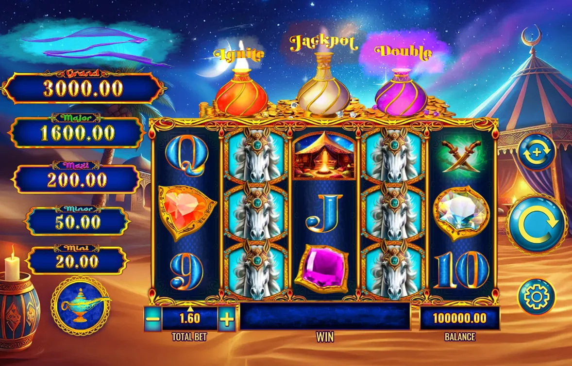 Mystery of the Lamp Desert Veil base game grid with Arabian stallions and colorful gems showing the three feature jars at the top.