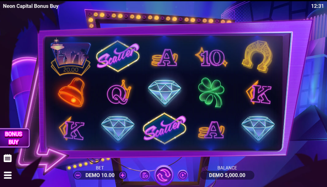 Main 5x3 reel set of Neon Capital Bonus Buy slot with neon symbols and Las Vegas skyline background to show the game environment.