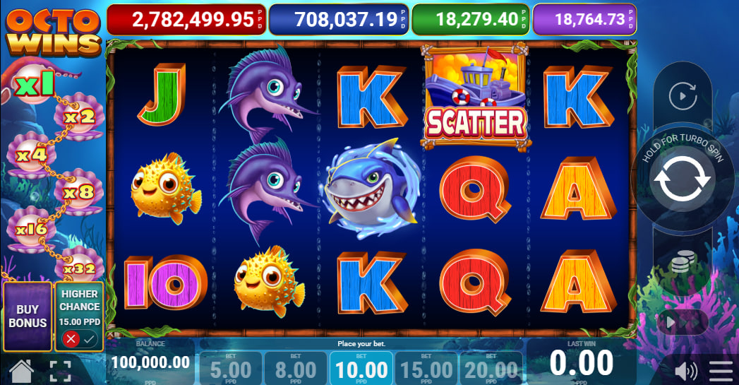 OctoWins slot main interface showing shark and anglerfish symbols on 5 reels with the multiplier chain visible on the left for player tracking.