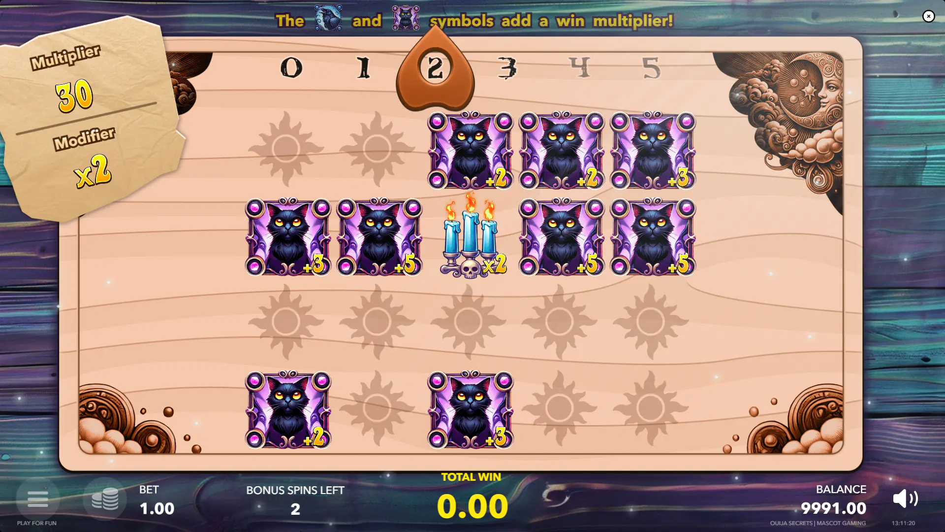 The hold-and-win bonus round in Ouija Secrets in progress, showing Multiplier and Modifier symbols locked on the reels.