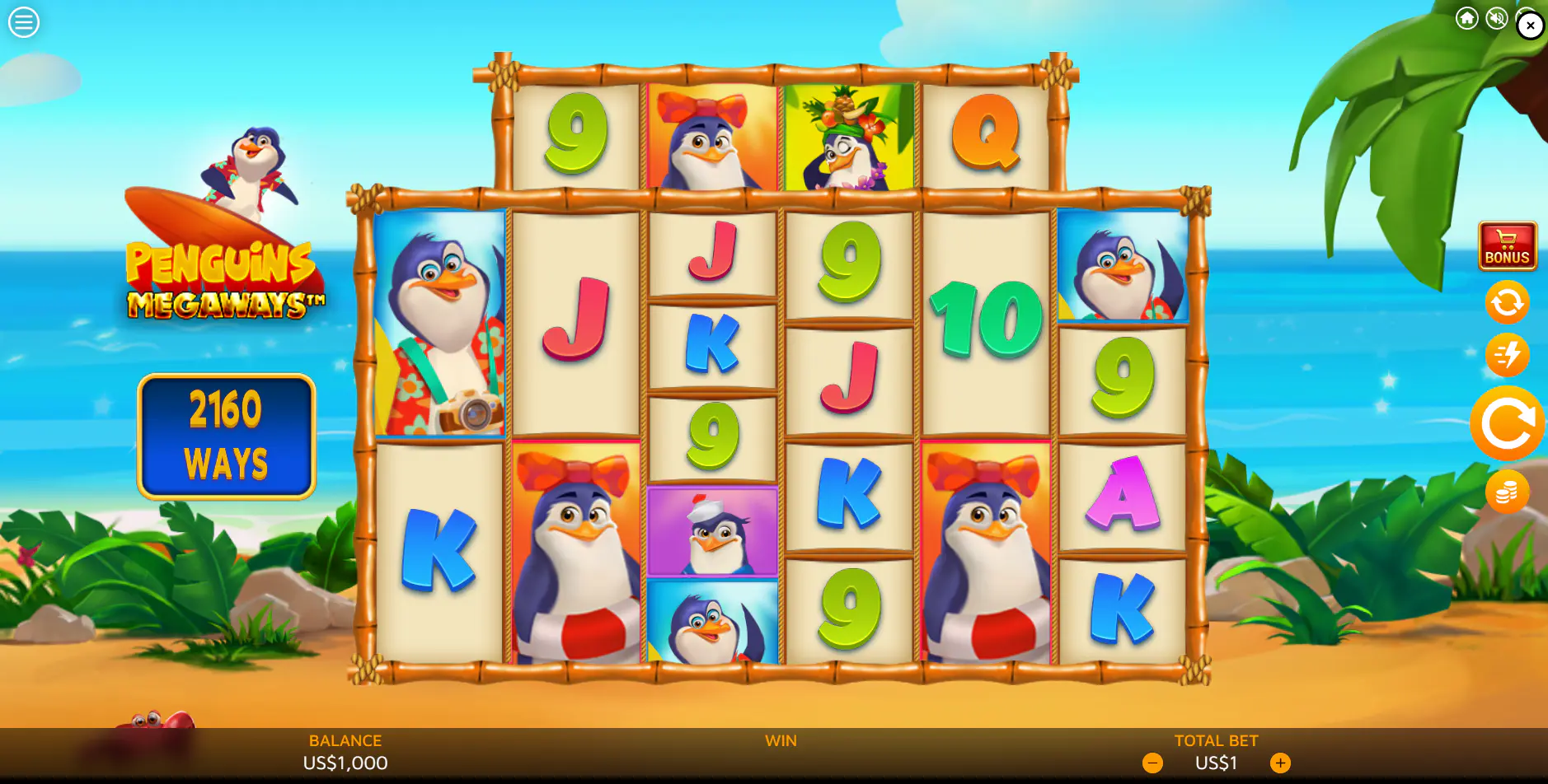 The 6-reel grid of Penguins Megaways during a base game spin, illustrating the dynamic reel height central to the Megaways mechanic.