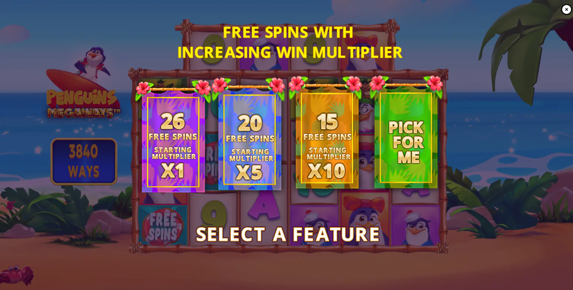 The Free Spins selection screen in Penguins Megaways, where the player must choose between more spins with a low multiplier or fewer spins with a high one.