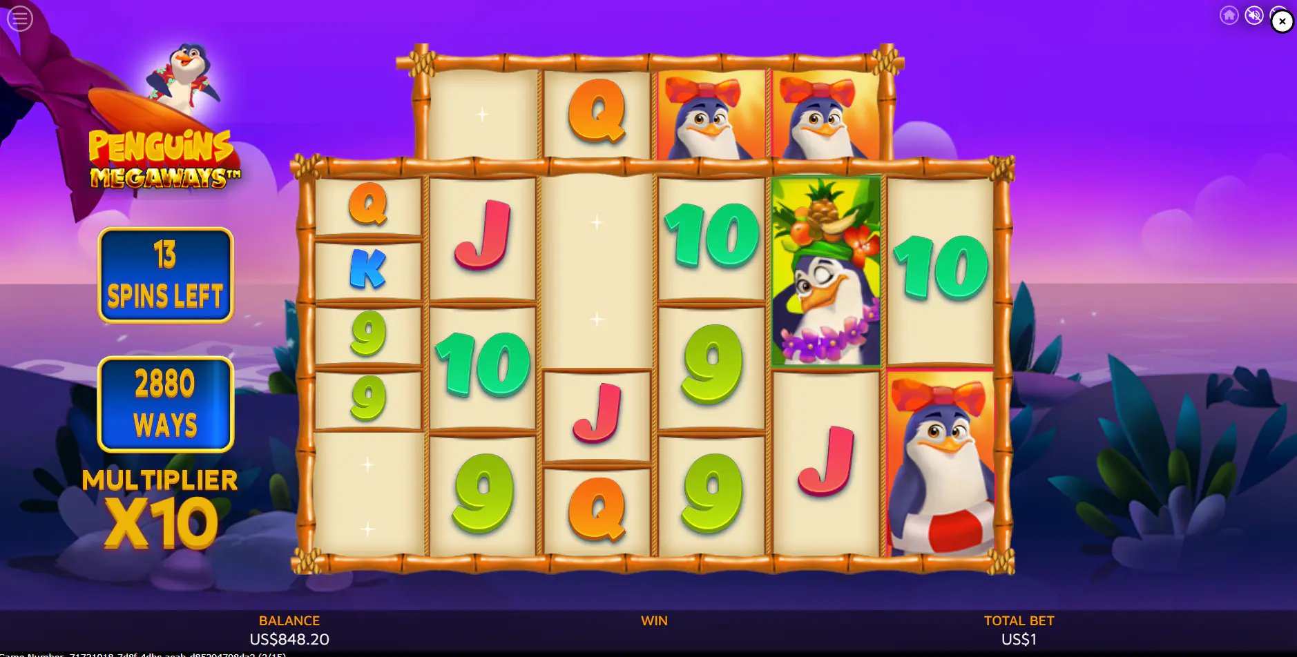 Gameplay during the Penguins Megaways free spins bonus, with the active win multiplier of x10 and remaining spins displayed on the left side of the screen.