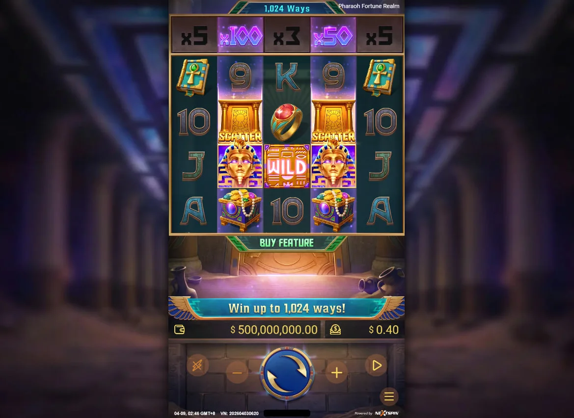 Pharaoh Fortune Realm slot main 5-reel grid with 1,024 ways and the dedicated Multiplier Reel visible on the side for potential win boosts.