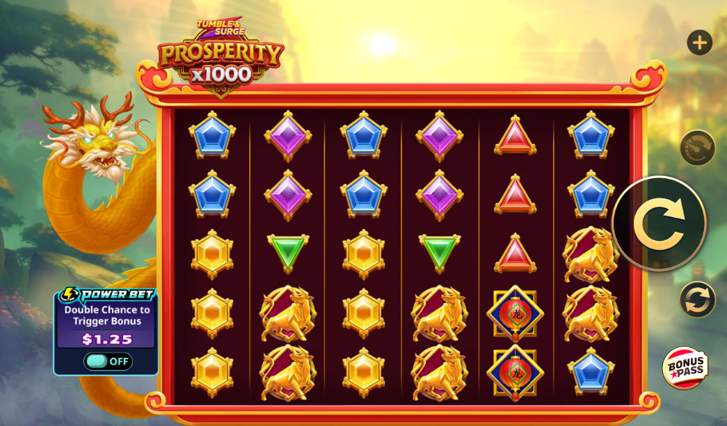 Main 6-reel grid of Prosperity x 1000 slot showing gem symbols and the golden dragon background for visual orientation.