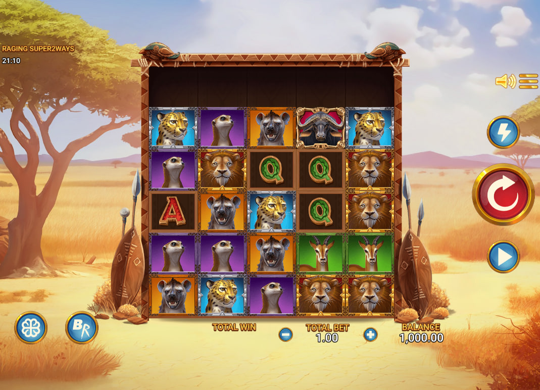 Raging Super2Ways 5x5 grid in the African savanna setting showing symbols like lions and meerkats for initial gameplay orientation.
