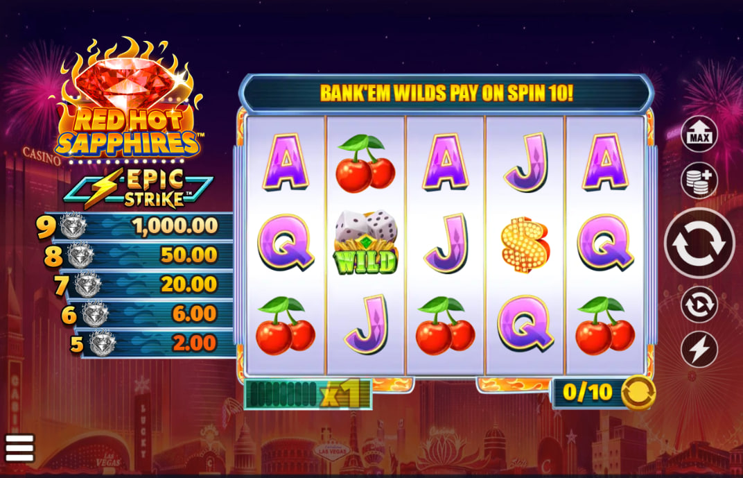 5x3 slot grid in Red Hot Sapphires showing flaming Bank'em Wilds frames on the reels during the ninth spin cycle.