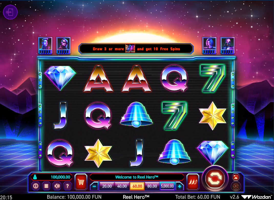 Full 6x3 grid of Reel Hero slot showing neon symbols and character meters at the top, illustrating the game's progression system.