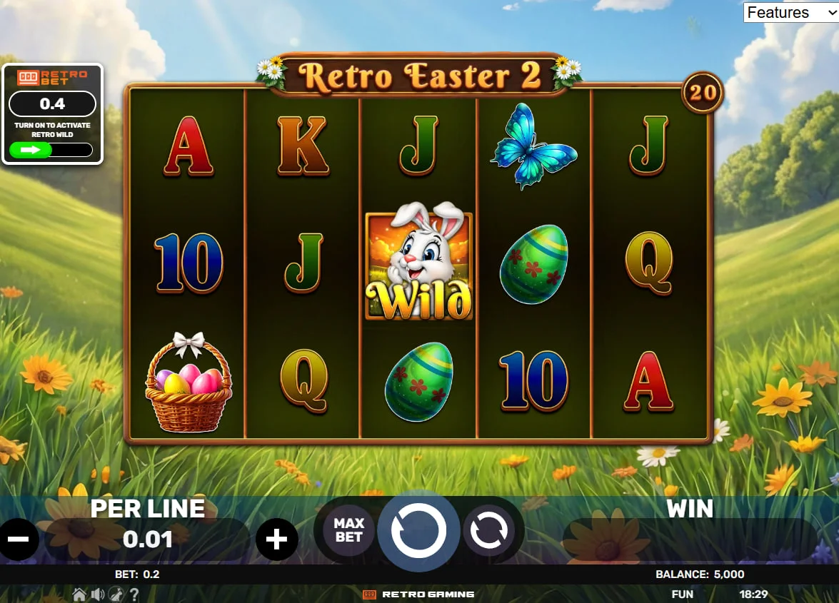 Retro Easter 2 main slot interface showing the 5x3 grid with colorful egg symbols and the Retro Bet toggle button on the left side.