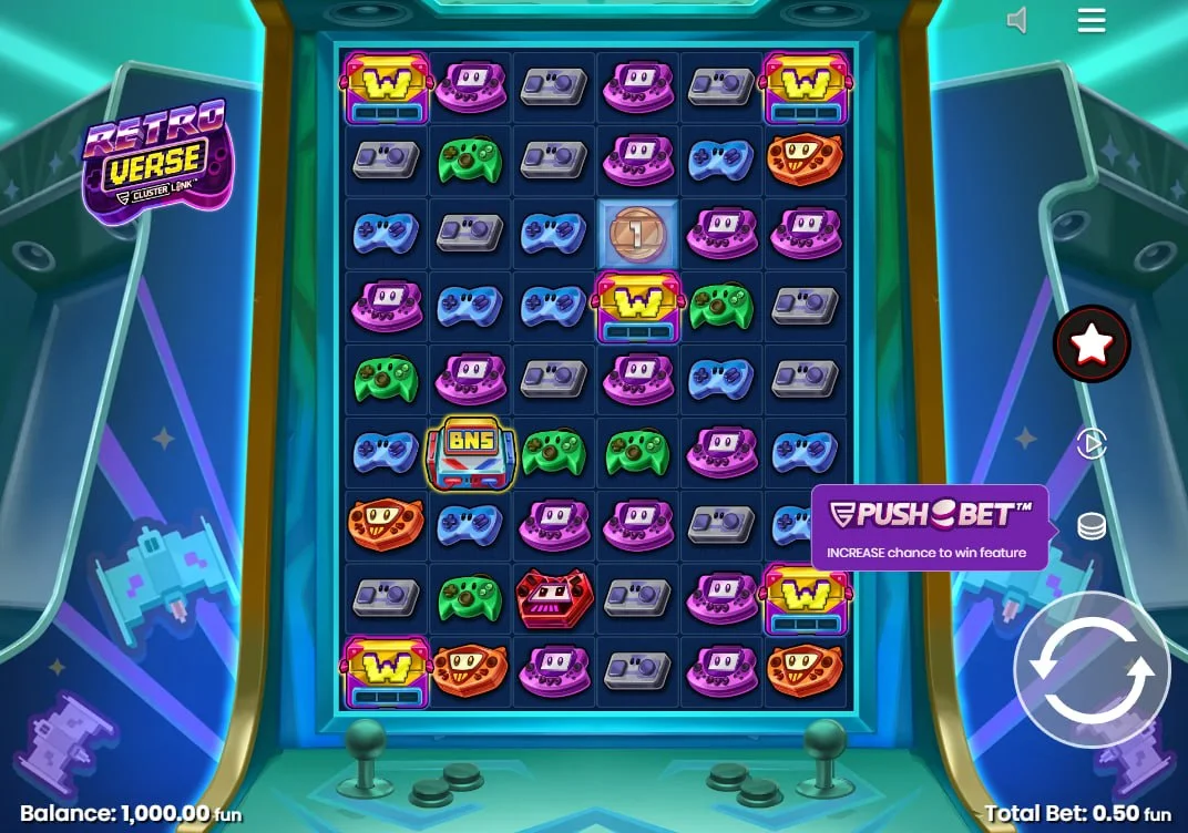Full 8x8 grid of RetroVerse slot showing handheld console symbols and arcade interface which helps players understand the cluster link layout.