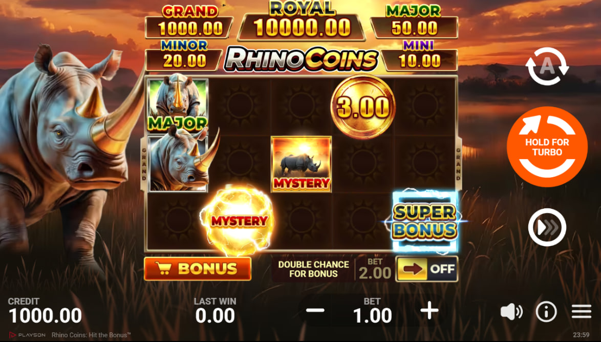 Full 5x4 grid of Rhino Coins Hit the Bonus featuring Egyptian god symbols and card suits on a desert background for thematic immersion.