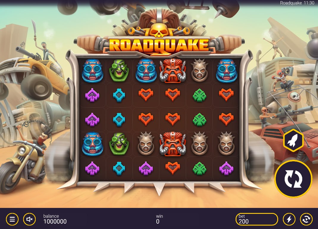 Roadquake slot main 6x5 grid with post-apocalyptic symbols on a dusty desert background showing the scatter pay layout for players.