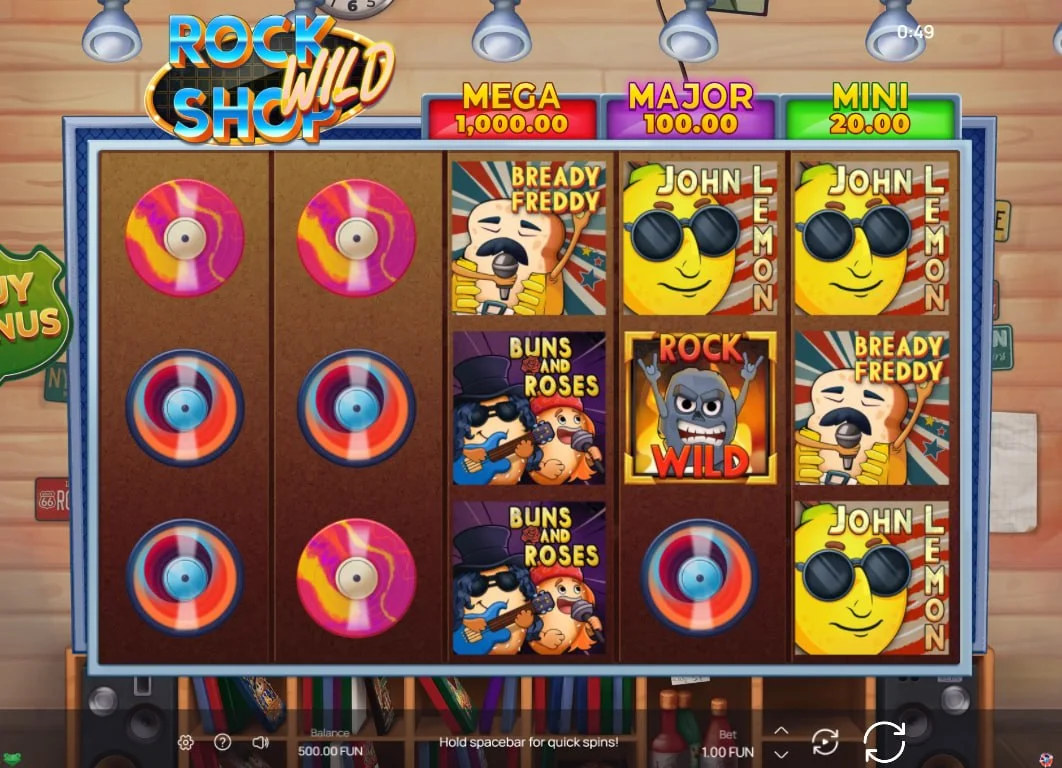 Rock Wild Shop slot main game screen showing John Lemon and Bready Freddy symbols on a 5x3 grid for high-value line wins.