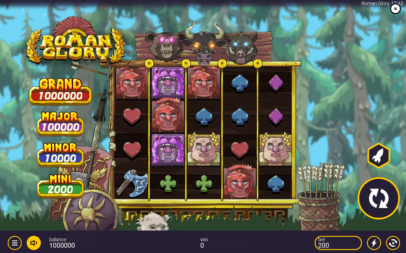 The main 5x4 game grid of the Roman Glory slot, set in a forest, showcasing the unique art style and the four jackpot values on the left