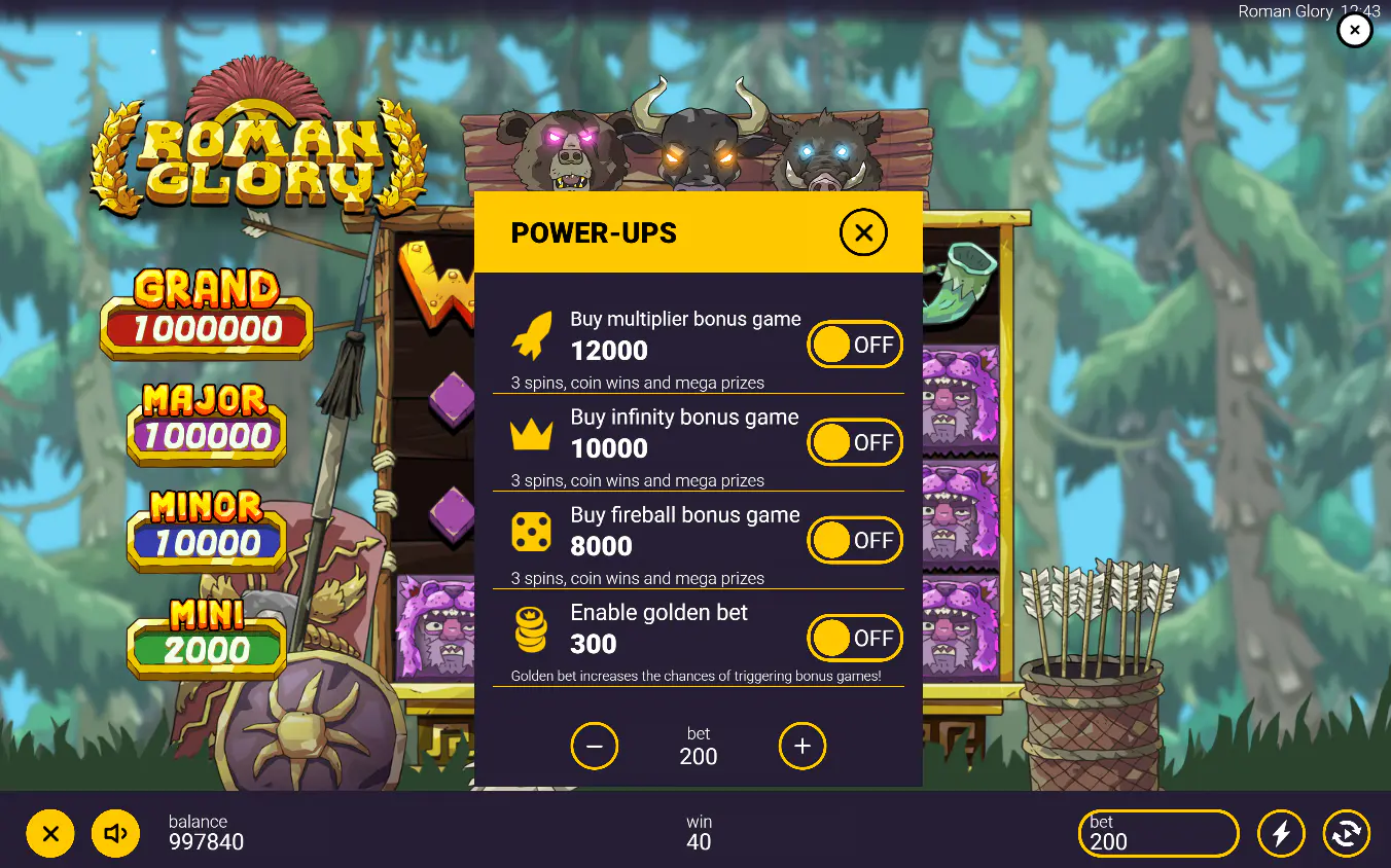 The Bonus Buy menu in Roman Glory, displaying the three distinct feature buy options for the Multiplier, Infinity, and Fireball games, highlighting player choice.
