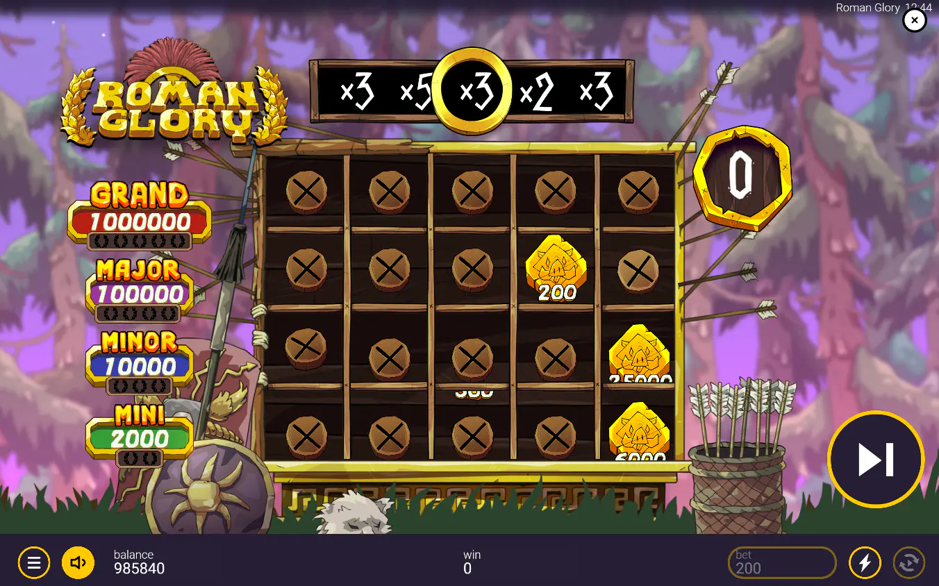 The Boar Multiplier Bonus in Roman Glory in action, with the active multiplier reel above the grid applying boosts to sticky coin symbols below.