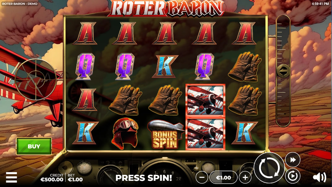 Roter Baron slot main game interface on a 5x4 grid with a red triplane background showing the buy feature button for immediate bonus access.