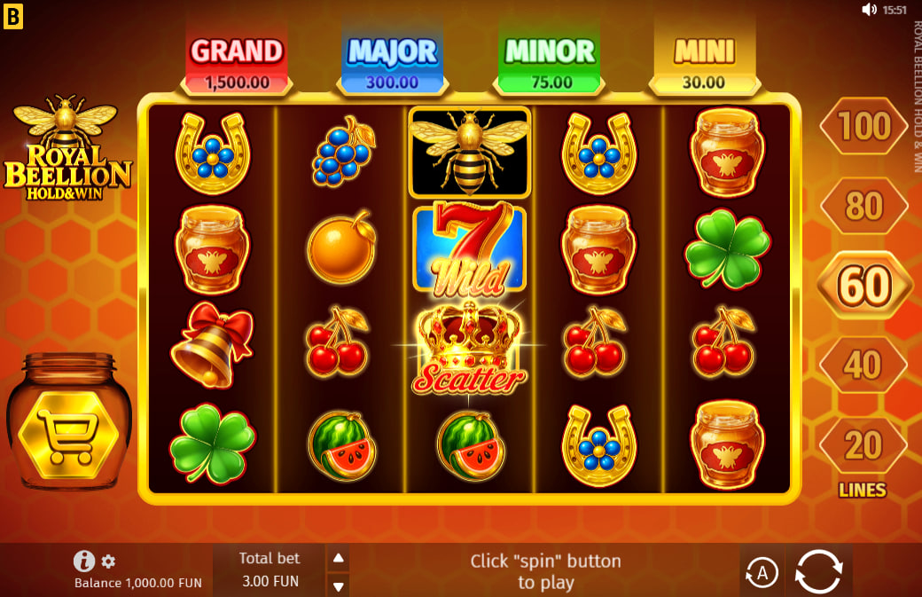 Royal Beellion main game interface showing the 5x4 grid and line selection buttons for strategic player control.