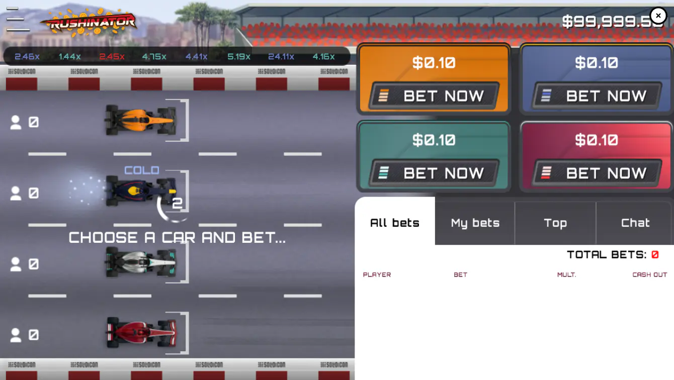 The main user interface of the Rushinator crash game, showing four cars on the track and four corresponding panels for placing simultaneous bets.