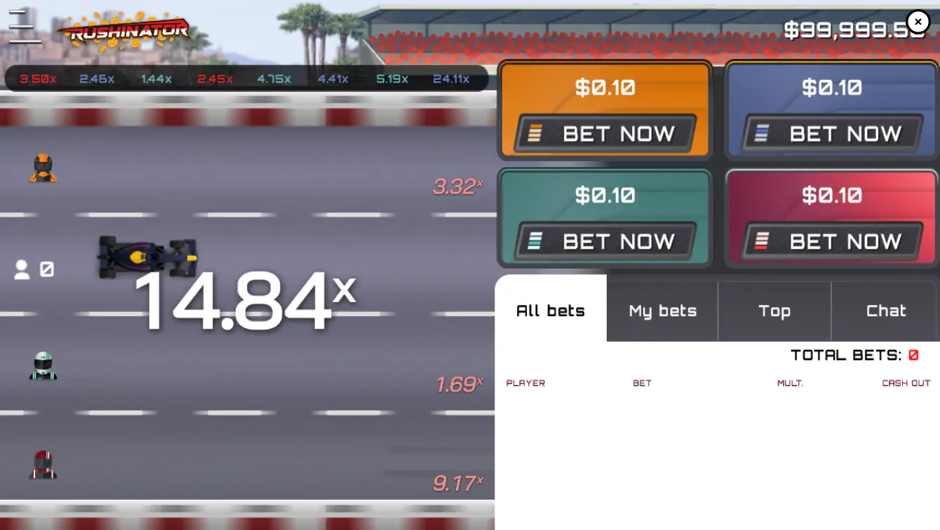 A race in progress in Rushinator, with multipliers increasing for each car, demonstrating the core multi-bet gameplay mechanic.