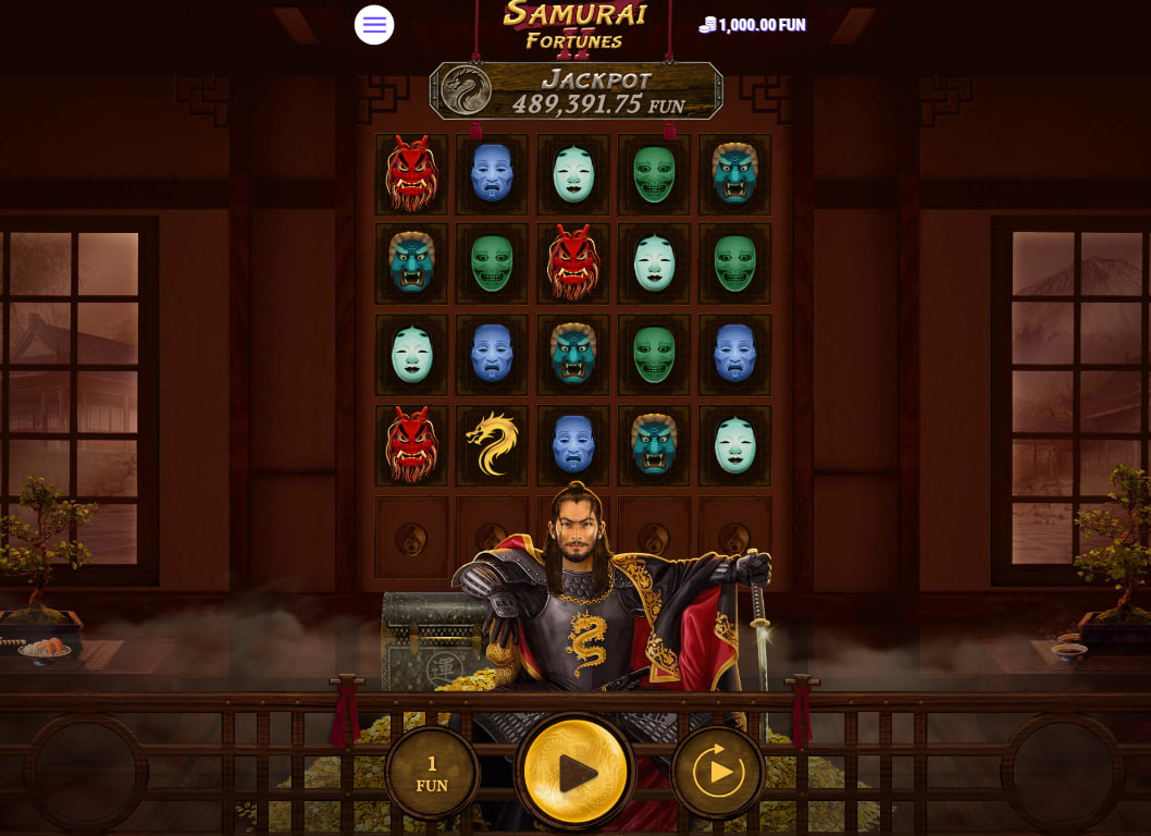 Samurai Fortunes II main grid showing 20 mask symbols and the samurai character, providing a view of the base game layout for new players.