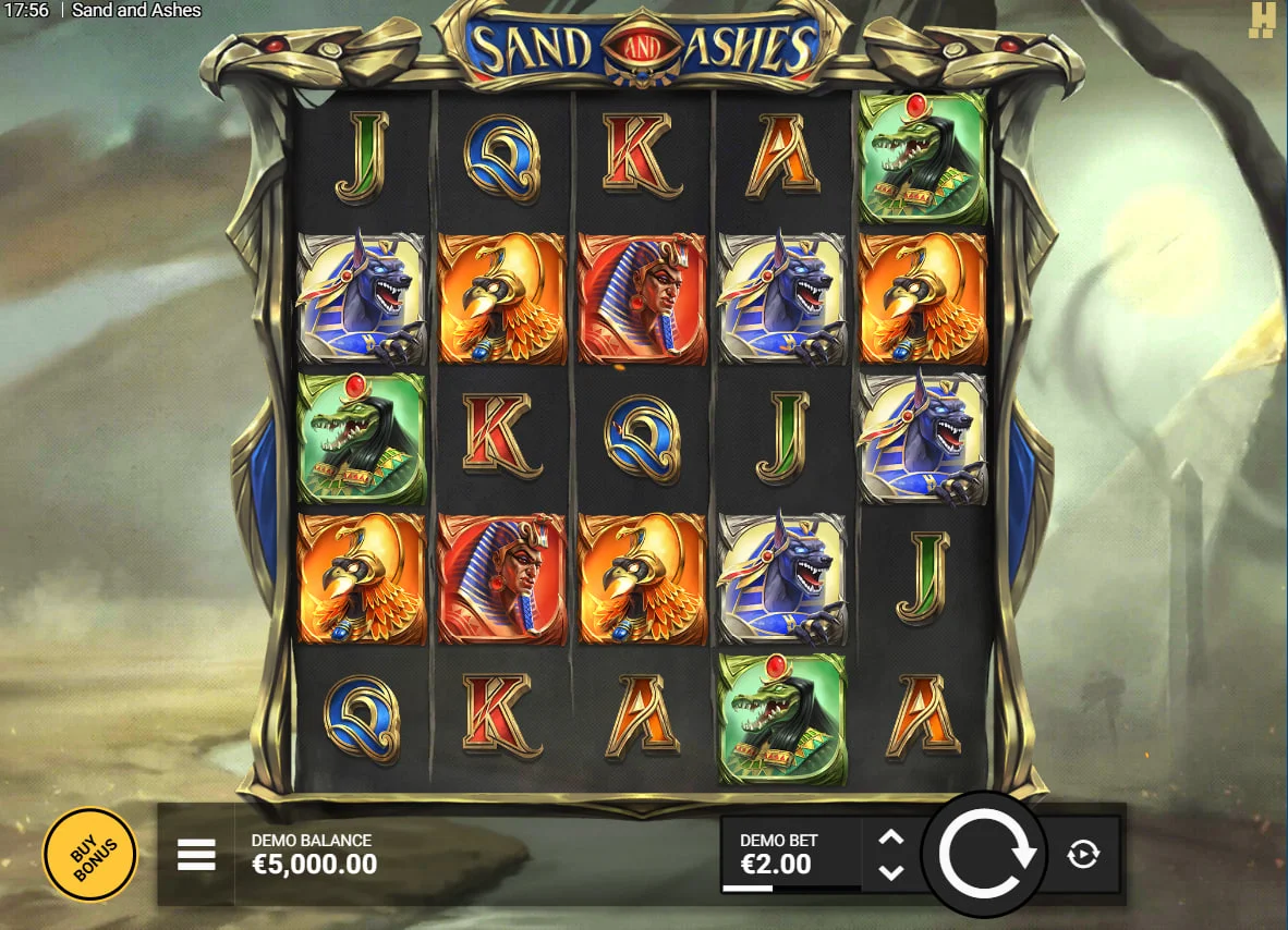 Sand and Ashes slot base game 5x5 grid displaying Egyptian deity symbols and the desert warrior background for thematic immersion.
