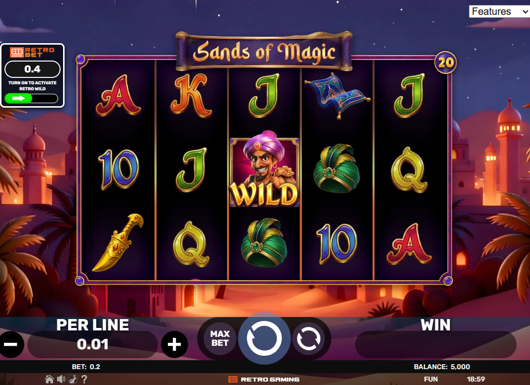 Sands of Magic slot base game grid featuring Arabian symbols like turbans and magic carpets on 20 paylines for balanced wins.