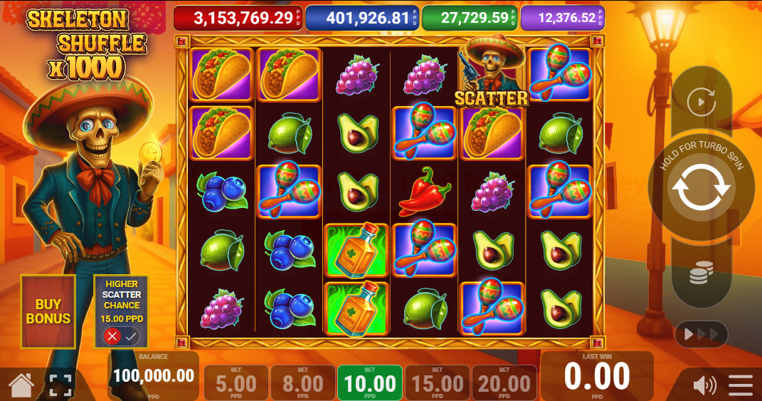 Skeleton Shuffle 1000 slot main grid with maracas and fruit symbols showing the Mexican Day of the Dead theme and active progressive jackpots.