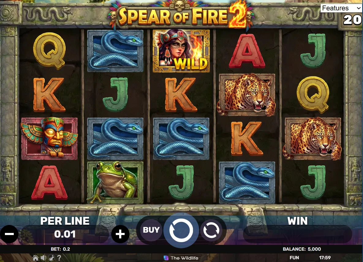 Full 5x4 grid of Spear Of Fire 2 slot showing Aztec Totems and animal symbols for player orientation.