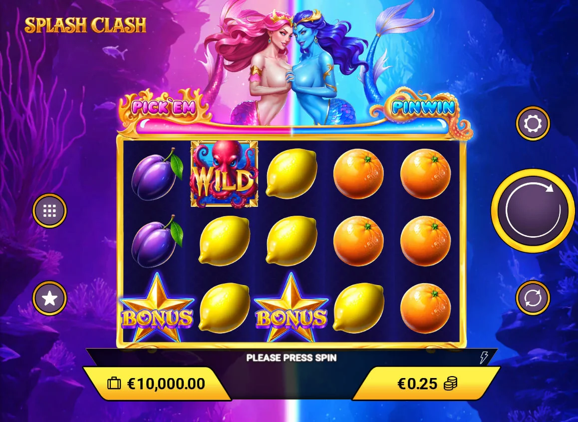 Main gameplay screen of Splash Clash slot showing 5x3 reels and the Pink and Blue mermaids preparing for a duel above the grid.