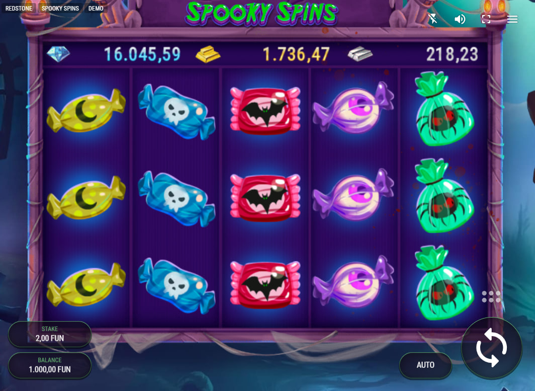Main 5x3 reel grid of Spooky Spins slot featuring neon candy symbols and jackpot tickers for player orientation.