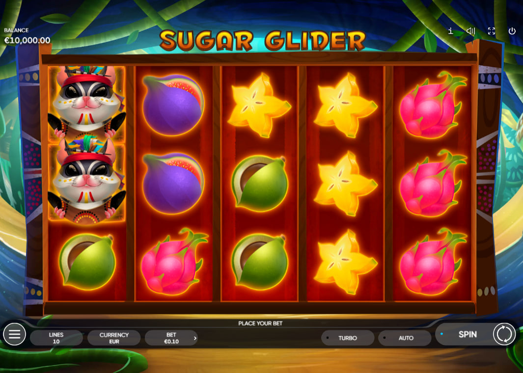 Sugar Glider slot main game screen showing tropical fruit symbols and the 5x3 reel layout for player orientation.