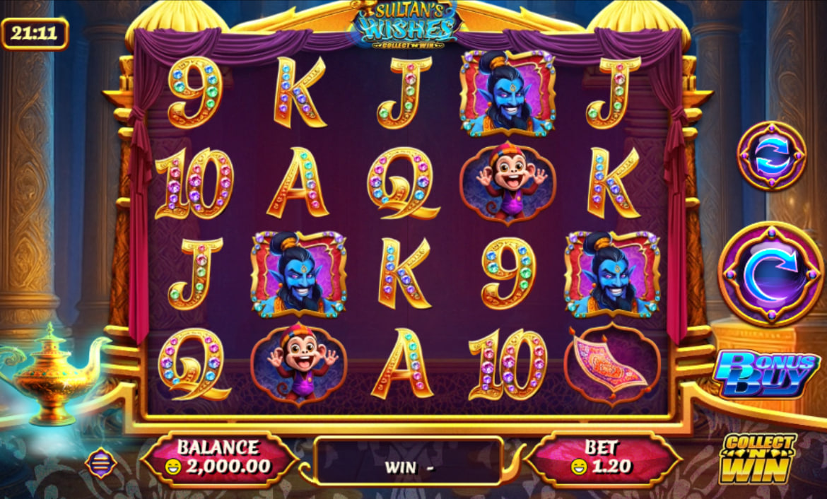 Splash screen of Sultan’s Wishes: Collect ‘N’ Win showing multiplier wilds and free spin triggers which are vital for player strategy.