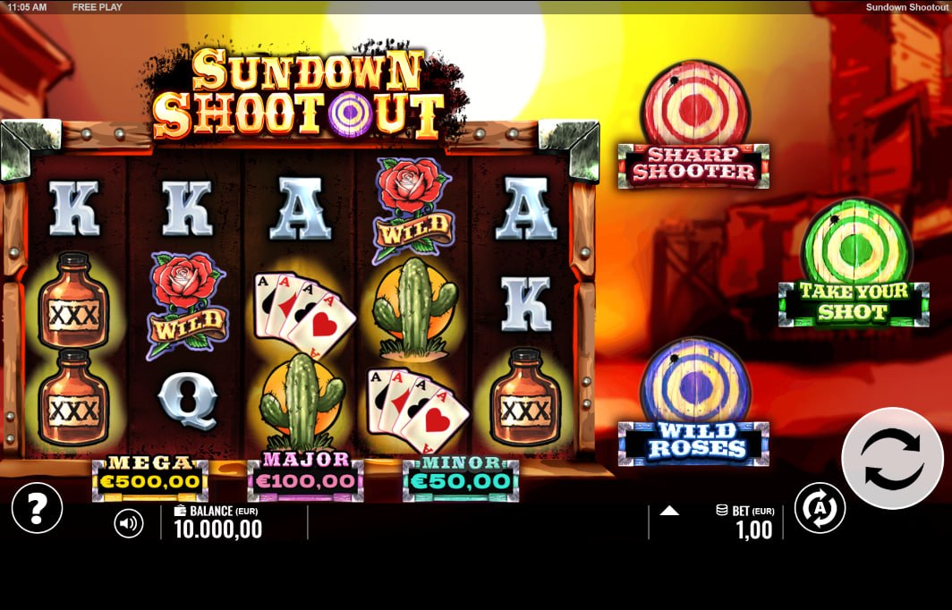 Main gameplay screen of Sundown Shootout slot showing 5x3 reels and fixed jackpot values of Mega, Major, and Minor.