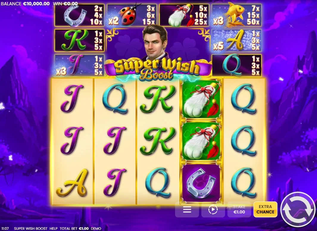 5-reel grid of Super Wish Boost slot with card symbols and horseshoes on a purple forest background.