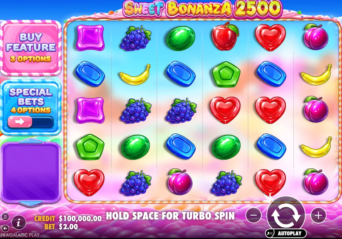 Sweet Bonanza 2500 slot main 6x5 grid filled with candy and fruit symbols showing the colorful background and user interface for players.