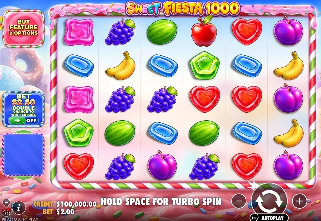 Full 6x5 game grid of Sweet Fiesta 1000 slot showing various candy and fruit symbols on a colorful background for visual reference.