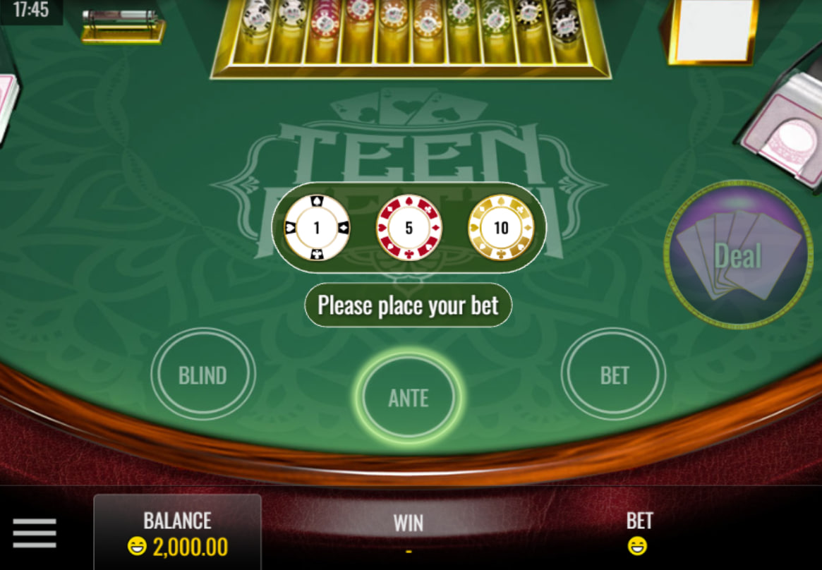 Full view of Rival's Teen Patti table showing the betting circles for Ante and Blind which are essential for starting a game round.