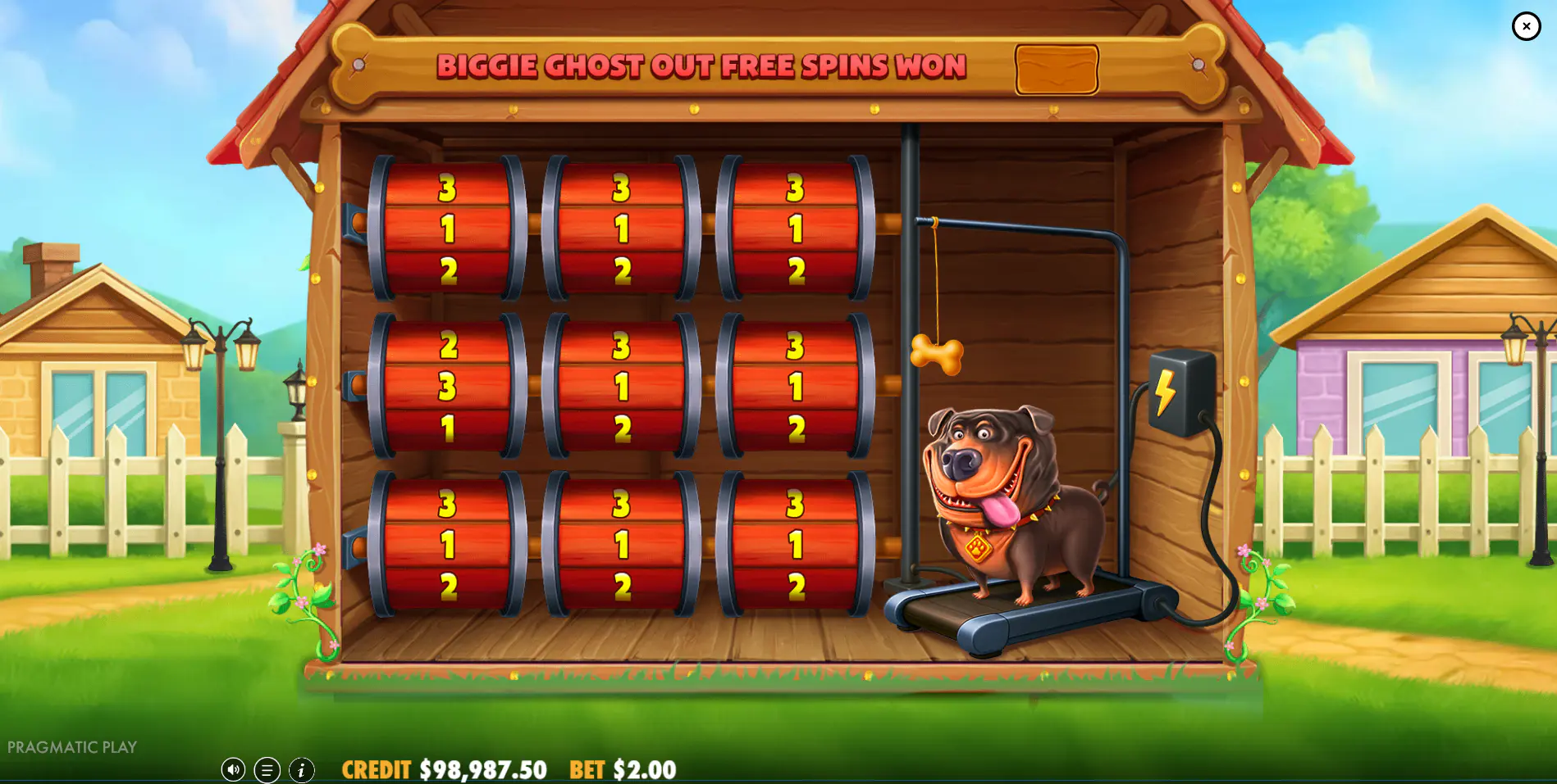 The Big Dog House bonus award screen showing the 3x3 grid that determines free spins in Biggie Ghost Out mode