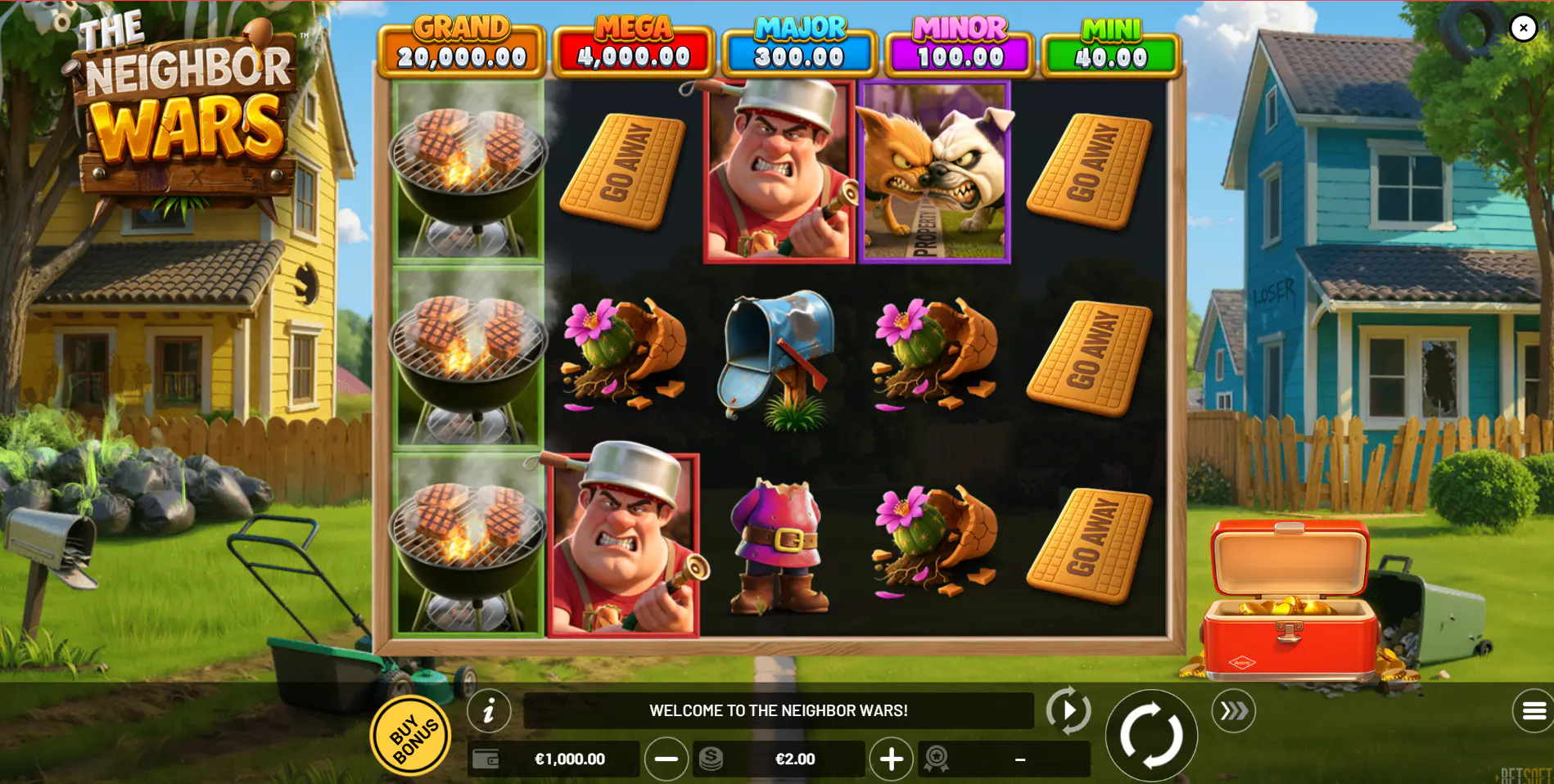 The Neighbor Wars base game screen with the jackpot panel and buy bonus button, showing the main layout before any features trigger