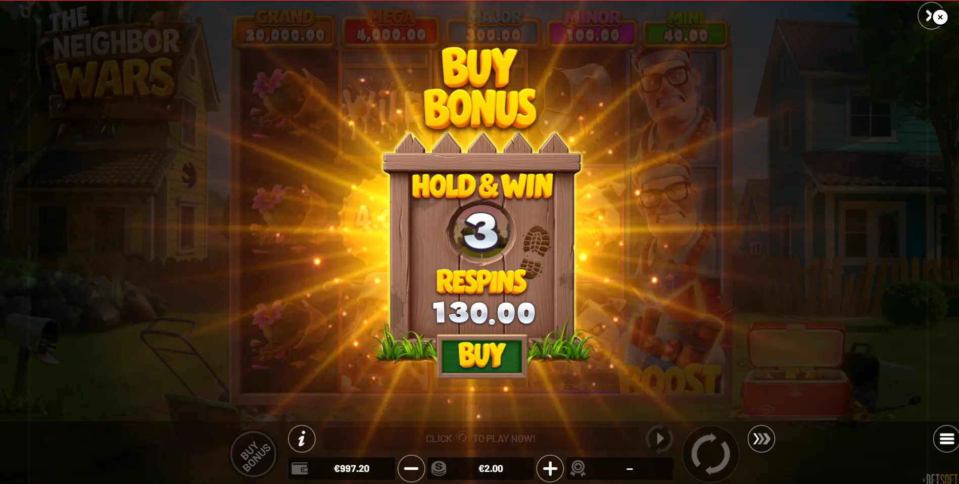 The Neighbor Wars buy bonus screen for the Hold and Win feature, showing the direct paid entry into the main bonus round