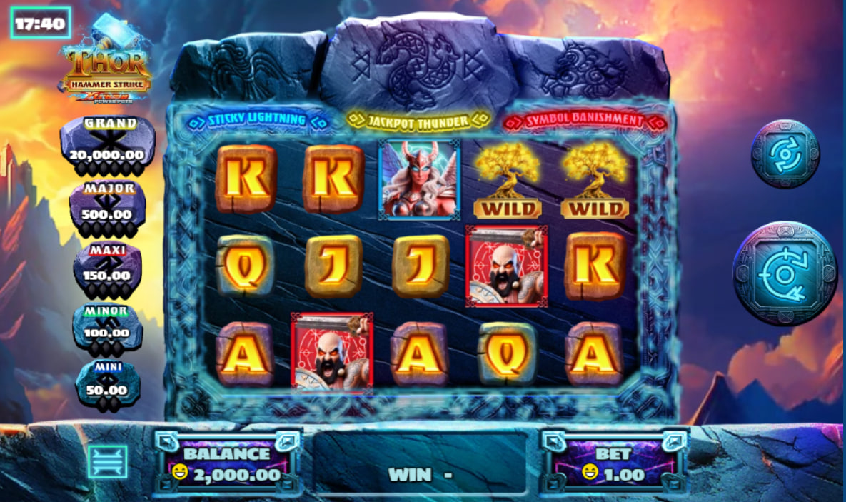 Main 5-reel grid of Thor Hammer Strike showing fixed jackpots and premium symbols, illustrating the high-stakes UI for the player.