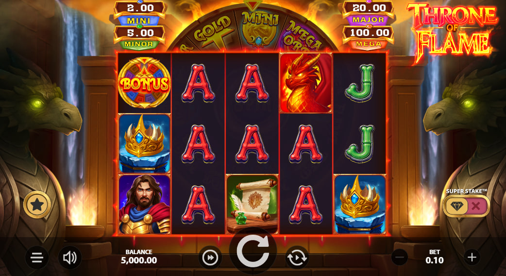 Main gameplay interface of Throne of Flame slot showing a 5-reel grid flanked by stone dragons and the current balance of 5000.