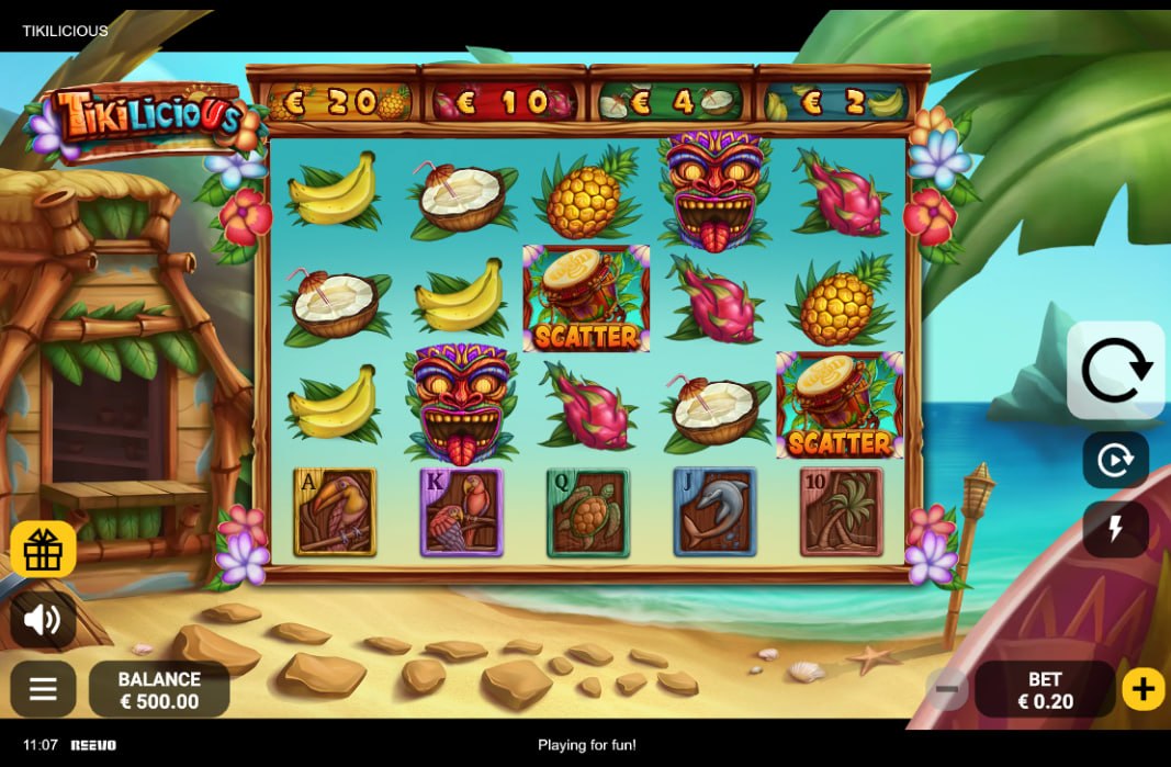 Main 5x3 reel grid of Tikilicious slot on a beach background showing fruit and mask symbols used to form winning combinations.