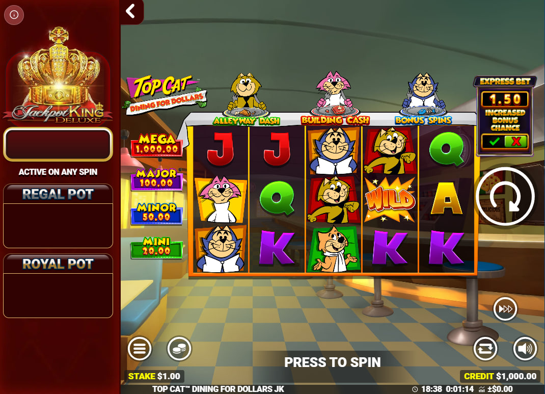 Top Cat Dining For Dollars main 5x3 reel set showing cartoon characters and the four fixed jackpots ranging from Mini to Mega for player reference.