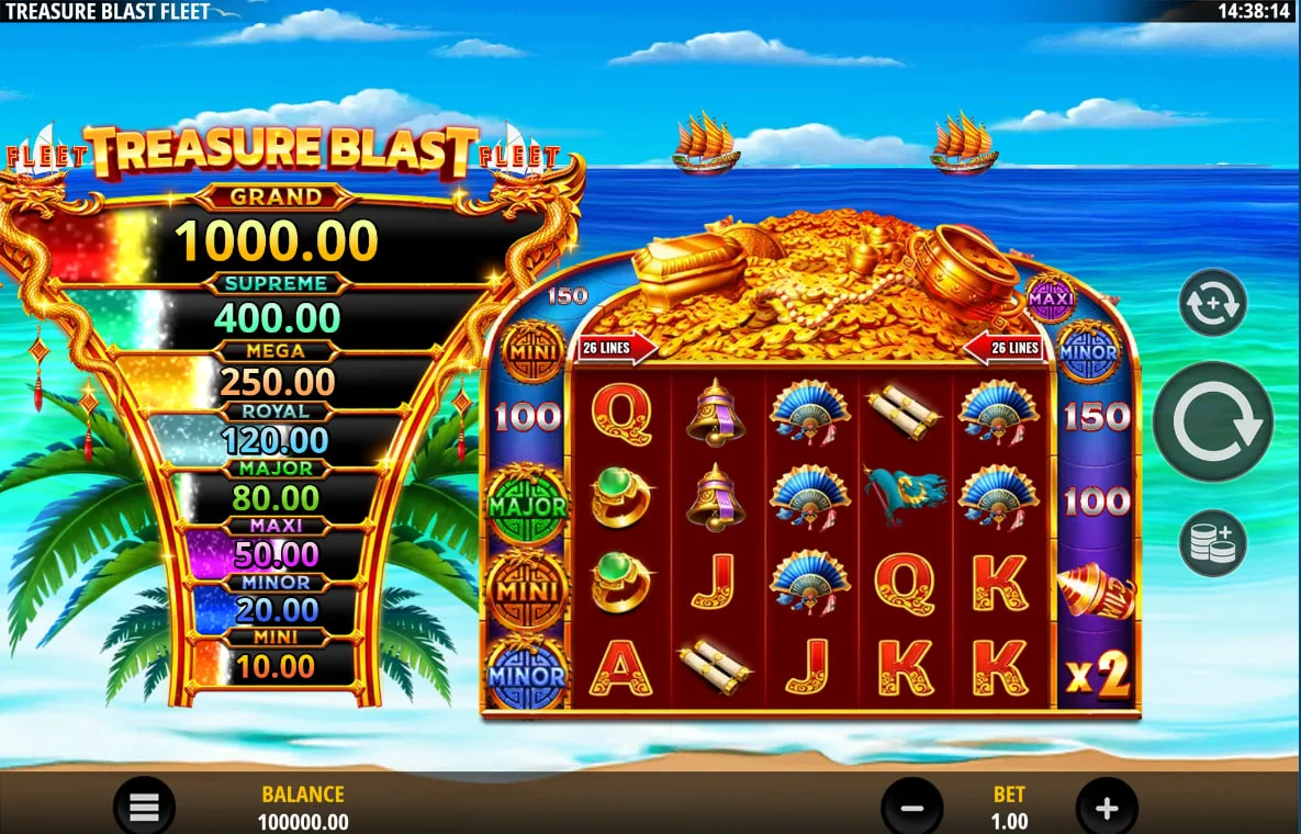 Treasure Blast Fleet slot main interface showing 5x4 reels and side prize tracks with cash values for player profit tracking.