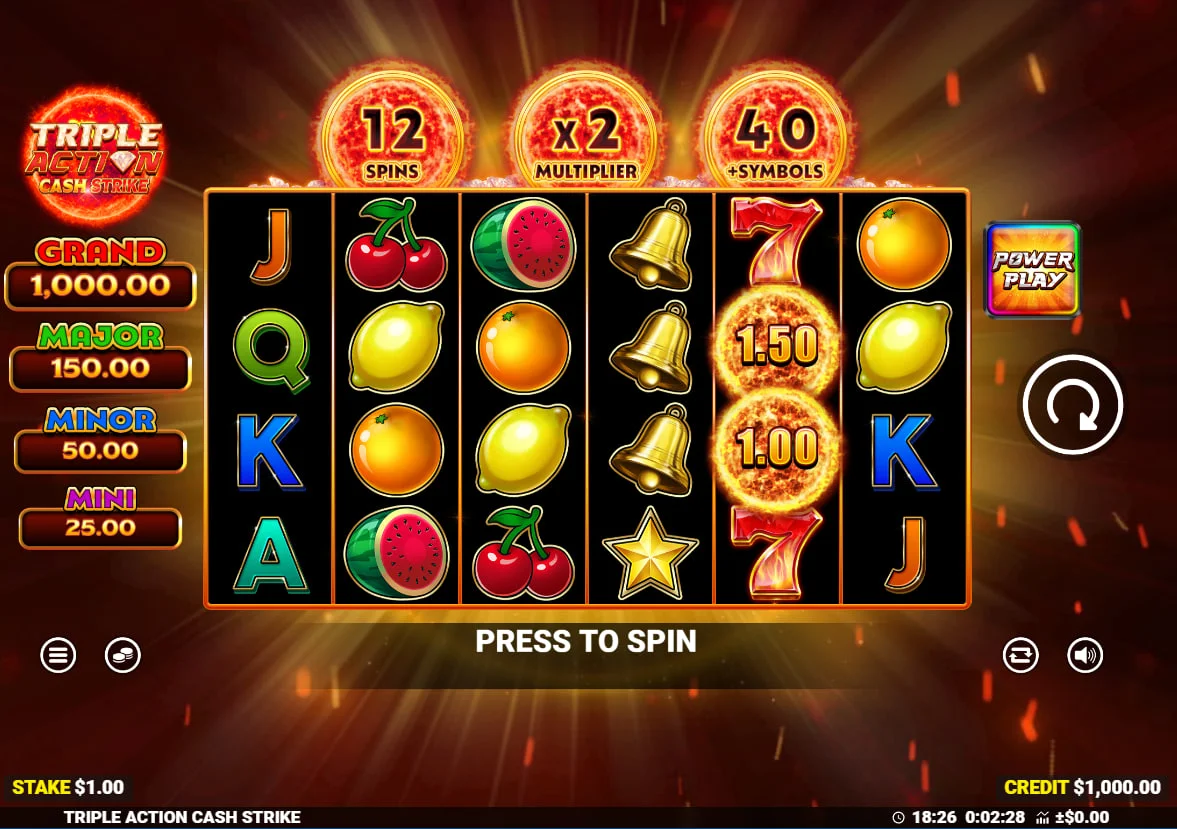 High-paying symbols in Triple Action Cash Strike slot including lucky sevens and oranges on a $1.00 stake grid.